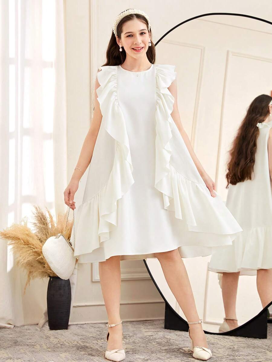 SHEIN Loose Casual Elegant Round Neck Ruffle Hem Mid-Length Dress For Teen Girls - White - View 1
