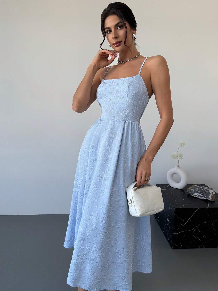 Firerie Abito da donna elegante e romantico, in tessuto dall'effetto minimale, con spalline sottili, di lunghezza media, adatto per appuntamenti e vacanze in primavera/estate - Blu - Visualizzare 1