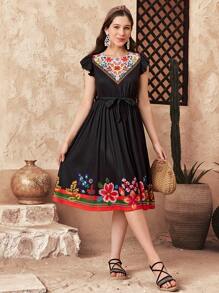 SHEIN Teen Girl Elegant Minimalist Round Neck Ruffle Sleeve Retro Pattern Midi Dress - Black - View 6