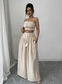 Elenzga Women's Vacation Outfit Set: Soft Cotton Apricot Cropped Tube Top + Loose Wide-Leg Long Pants - Apricot - View 3