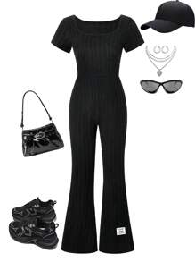 Girls Big Tween Girl' Knitting Wide Stripes Short Sleeve Flare Pants Jumpsuit, Spring/Summer