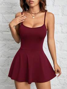 SHEIN PETITE Women's Sling A Hem Solid Color Pocketable Sports And Leisure Daily Anti-Exposure One-Piece Culottes - Burgundy - View 7