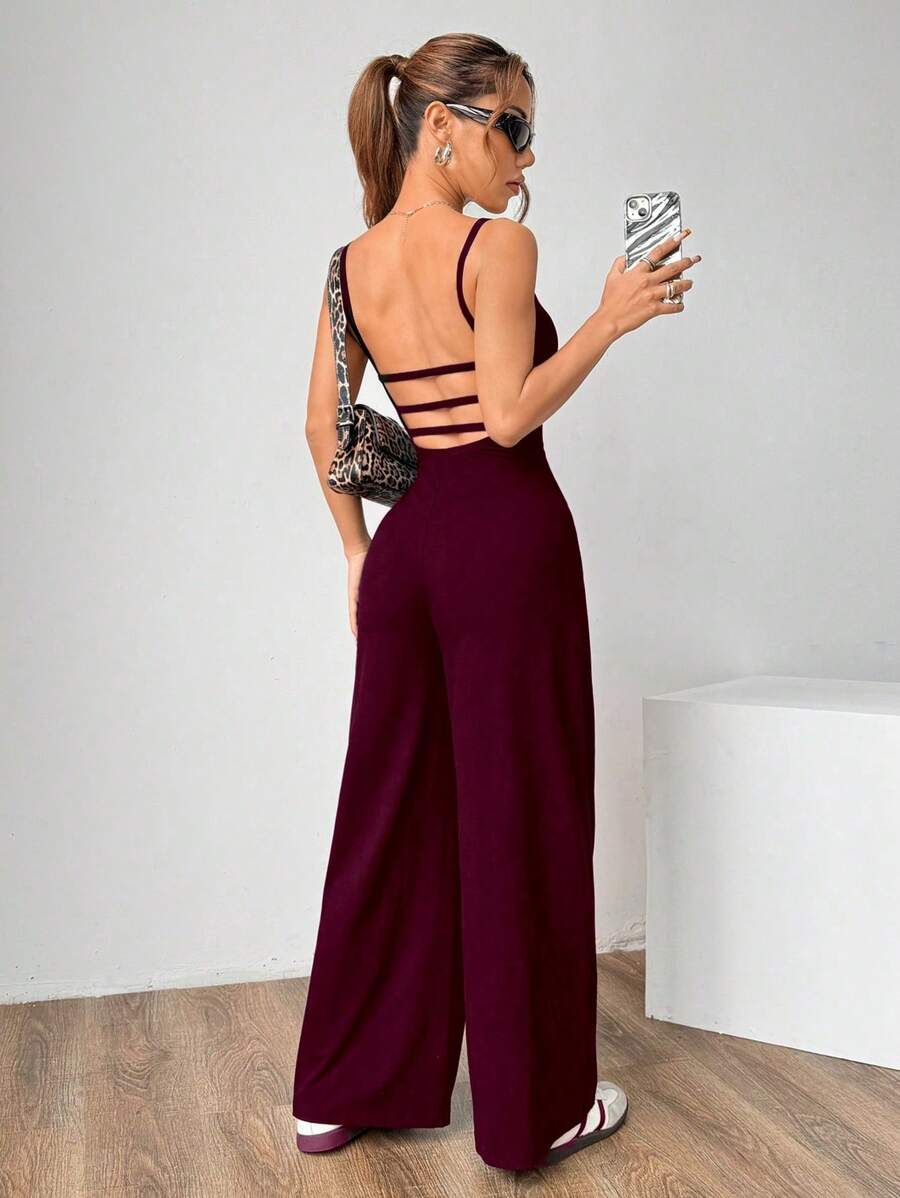 SHEIN Unity Solid Color Spaghetti Strap Backless High Waist Loose Jumpsuit - Burgundy - View 1
