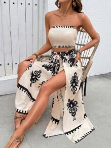 Breezaya 2pcs Casual Vacation Set, Top: Strapless, Bottom: Retro Patterned Long Pants, Apricot Retro Patterned 2 Pieces Set - Apricot - View 7