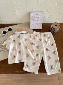 Schattig beerpatroon reversknoop zacht comfortabel nachtkleding 2-delige set (shirt + broek), babyjongen