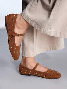 CUCCOO GRLICON 女士舒适棕色仿麂皮方头平底便鞋 - 棕色 - 查看 3