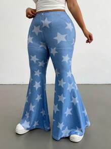 Flirla Plus Size Front Button Pocket Five-Pointed Star Print Simple Casual Pants, Everyday Wear - Multicolor - View 7