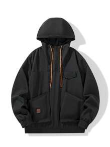 Manfinity Homme Men's Solid Color Long Sleeve Drawstring Hooded Casual Jacket - Black - View 3