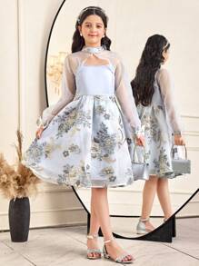 SHEIN 2pcs Set Tween Girls Elegant Jacquard Patchwork Stand Collar Slip Dress & Cover Up Outfit