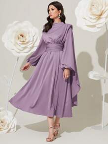 Modelyn 勃艮第红色女士纯色立领短袖阿拉伯朴素长袖连衣裙长款晚礼服