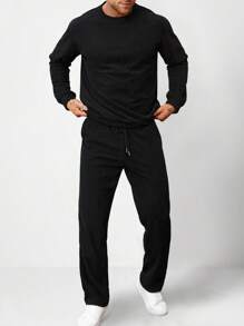 Manfinity Homme Conjunto casual de sudadera de cuello redondo de unicolor de manga larga y pantalón de chándal para hombre