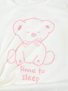 SHEIN 2pcs/Set Tween Girls Cute Bear Print White Short Sleeve Top & Pink Long Pants Pajama Set, Matching Sister Outfit - Pink - View 3