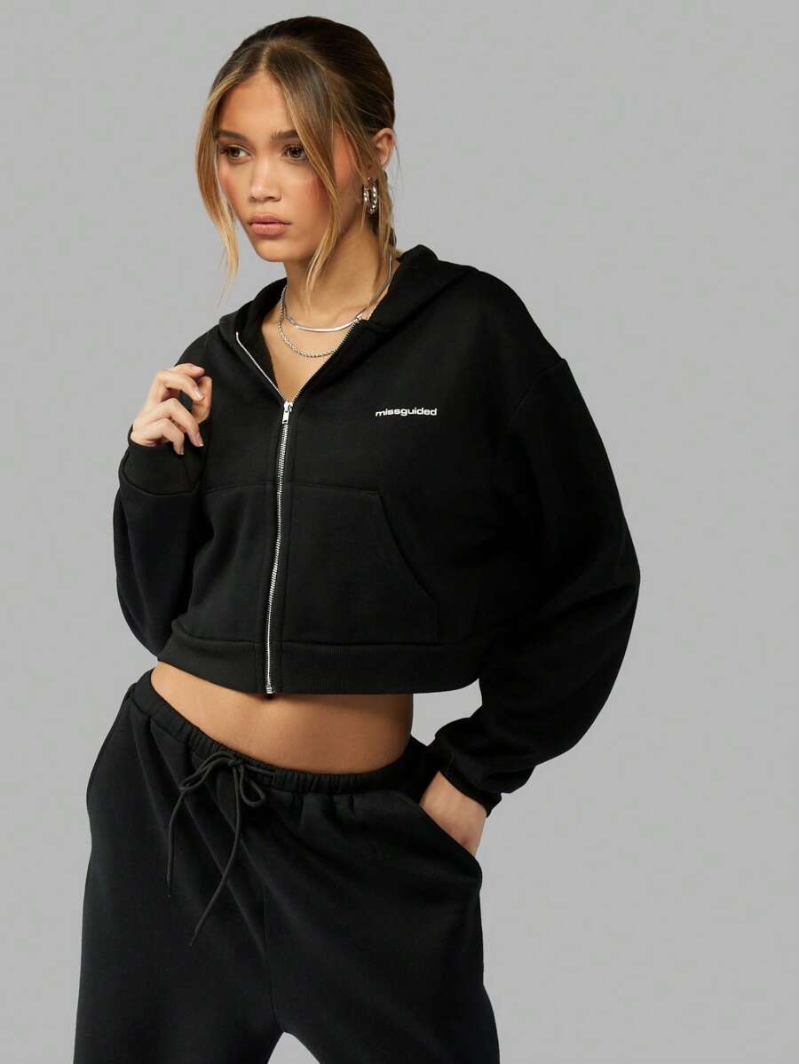 MISSGUIDED Oversized Cropped Hooded Zip Through Sweatshirt - Black - View 1
