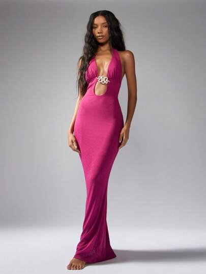 MISSGUIDED 露背吊带晚礼服，及地长款，镂空设计，修身剪裁，适合正式场合、婚礼、派对、舞会、圣诞节等场合，尽显现代优雅气质。