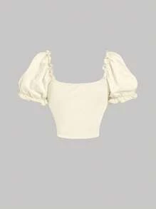 SHEIN MOD Áo thun nữ tay ngắn phồng màu trơn có viền bèo nhún và cài nút - Màu be - Xem 2