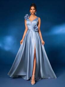 Glamrae Elegant & Luxurious V-Neck 3D Floral Decor High Slit A-Line Maxi Dress With Train, Formal Evening Gown, Wedding Guest Dress, Party Dress - Baby Blue - View 6