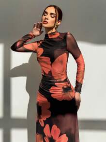 Aloruh New Autumn/Winter Red Tie Dye Floral Mesh Print Party Long Sleeve Fitted Dress, Holiday Attire - Multicolor - View 5