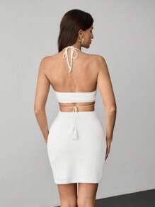 SHEIN Tall Knitted Jacquard Beaded Details Tassel Tassel Strap Sexy Waist Hollow Back Halter Neck Tight Dress Sexy Holiday Style