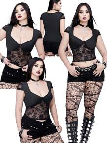 Whyspr Blusa transparente de encaje con escote en V y lazo, talla grande y sensual