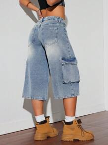 SHEIN ICON Pantalones capri de mezclilla de talle bajo hasta la rodilla para mujeres