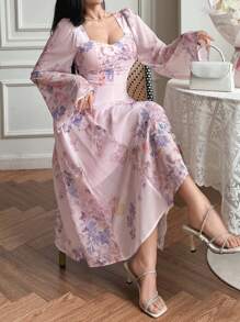 DAZY Women's V-Neck Ditsy Floral Ruffle Sleeve Mid-Length Dress, Spring,Fall Dress Long Sleeve Dress Vacation Outfits Women Easter Boho - Multicolor - View 3