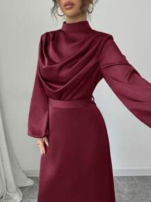 Elenzga Váy chữ A dài tay xếp nếp bằng vải satin bóng thanh lịch dành cho nữ, mùa xuân/thu - Đỏ - Xem 6