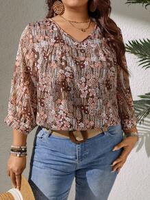 EMERY ROSE Plus Size Women's Elegant Chiffon Random Print 3/4 Sleeve Blouse - Multicolor - View 5