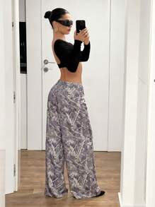 SHEIN ICON Y2K Low-Waist All-Over Tree Branch Print Straight Leg Wide Leg Pants - Multicolor - View 2