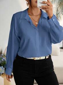 EMERY ROSE Plus Size Casual Solid Color Long Sleeve Shirt - Dusty Blue - View 3