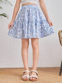 SHEIN Leap Crew Tween Girl Blue & White Chinoiserie Print Patchwork Ruffle Trim Holiday Skirt - Blue - View 5