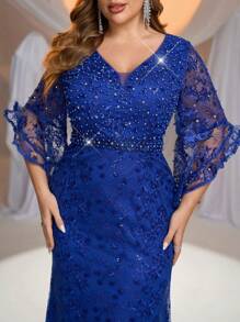 Glamrae Plus Size Lotus Pink Beaded & Rhinestone Adorned Ruffled Sleeve Lace Mermaid Formal Gown, Elegant Evening Dress For Gala - Royal Blue - View 3