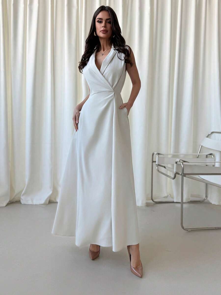 SHEIN Privé 女士灰色翻领无袖连衣裙,优雅/通勤/日常/商务/度假/派对 - 紅色 - 查看 1