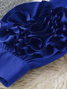 DreamSkyne Court Retro  Plus Size Black 3D Floral Contrast Color Long Sleeve Shirt - Blue - View 5