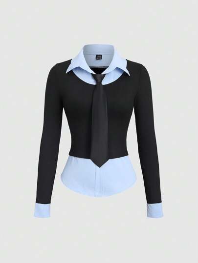 Sweetra 女士优雅学院风针织和编织拼布衬衫领长袖上衣，秋冬款