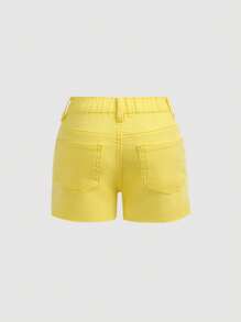SHEIN Jeune fille 2025 Nouveaux shorts en jean jaune à taille élastique, Vêtements de vacances décontractés de printemps et d'été pour jeune fille, Plage pour jeune fille, Tenue de rue occidentale pour fille, Vacances de printemps, Shorts en jean pour festival rave - Jaune citron - Voir 2