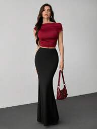 SHEIN Tall Falda de cola de sirena de cintura elástica extra larga para mujer, de unicolor elegante
