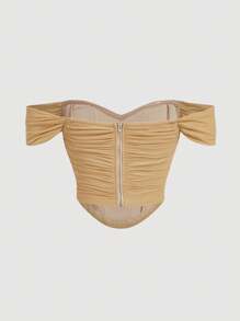 SHEIN MOD Off Shoulder Fish Bone Decoration Ruched Waist White Corset Structure Crop Top - Khaki - View 2