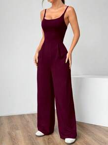 SHEIN Unity Solid Color Spaghetti Strap Backless High Waist Loose Jumpsuit - Burgundy - View 4