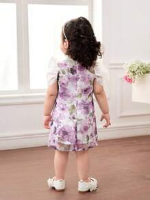 SHEIN Đầm nơ trang trí họa tiết hoa thanh lịch cho bé gái, phù hợp cho mùa hè - Màu tím - Xem 2