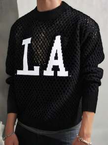 Manfinity Campus Court Aesthetic Post--Men's Casual Letter Pattern Hollow-Out Knitted Sweater, Autumn/Winter - Black - View 1