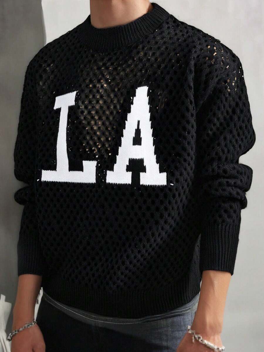 Manfinity Campus Court Aesthetic Post--Men's Casual Letter Pattern Hollow-Out Knitted Sweater, Autumn/Winter - Black - View 1
