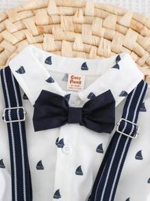 Cozy Pixies Set de 2 piezas para niño bebé que incluye corbata de moño, blusa de manga corta con cuello y pantalones cortos tipo babero. Adecuado para fiestas de cumpleaños, bautizos, 1er cumpleaños, galas, actuaciones, bodas, baby showers y otras ocasiones