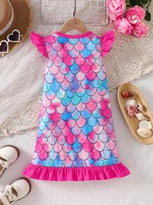 SHEIN Váy ngủ rộng rãi họa tiết nàng tiên cá cho bé gái, chất liệu chống cháy thoải mái - Hồng - Xem 2