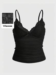 ROMWE PUNK Plus Size Solid Color Contrast Lace Cami Top, School, Summer