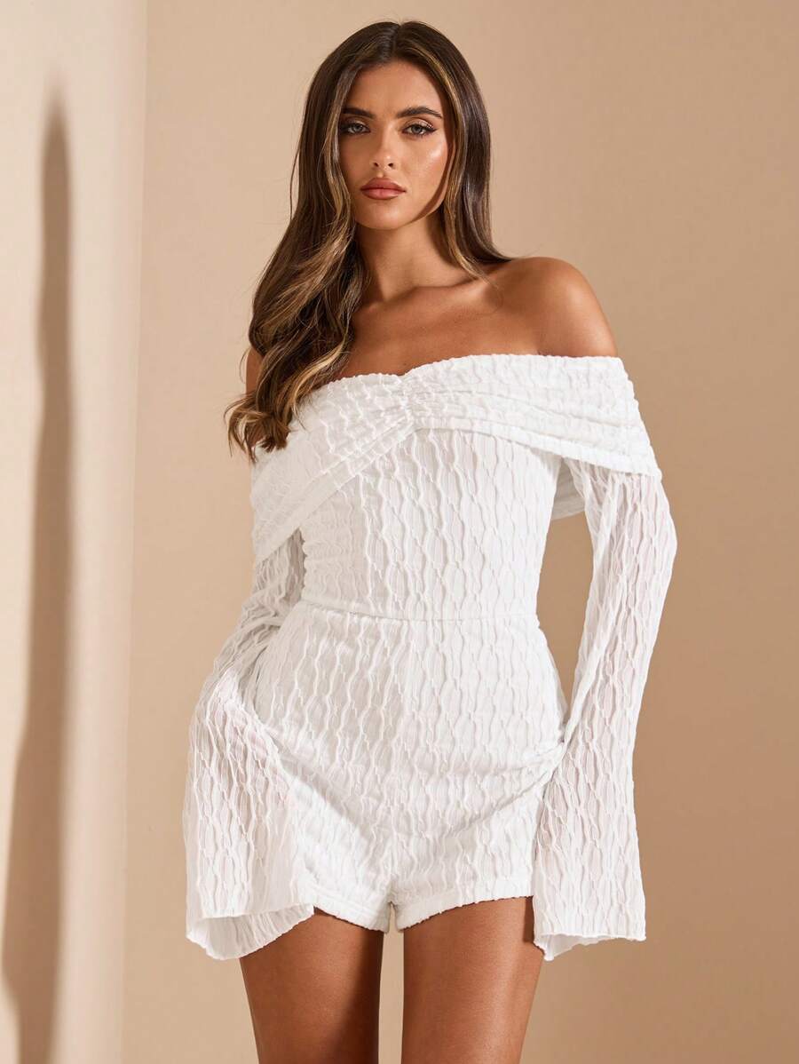 SHEIN BAE 性感露肩收紧紧身长袖提花纹理女式连体衣、优雅连体衣、度假连体衣、白色连体衣 - 白色 - 查看 1