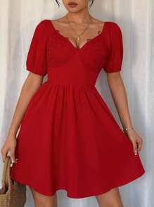 Calvaya Spring/Summer Regular Women Bubble Puff Sleeve Deep V-Neck Lace Wrap Bodice Elegant Sexy Party Dress, Short Red Cocktail Dress For Gala, New Year's Eve, Wedding