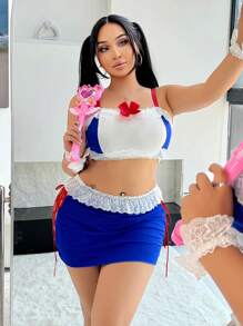5pcs Plus Size Color Block Lace Patchwork Wireless Sexy Lingerie Set - Multicolor - View 2