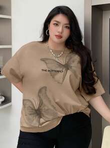 Dazy Plus Plus Size Loose Round Neck Short Sleeve Butterfly Print T-Shirt, Spring/Summer Graphic Tee Oversized T-Shirt - Khaki - View 4