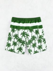 Manfinity Swimmode Men's Printed Drawstring Swim Trunks Shorts, Colorblock Palm Tree Pattern, Beach Wear - Army Green - View 2
