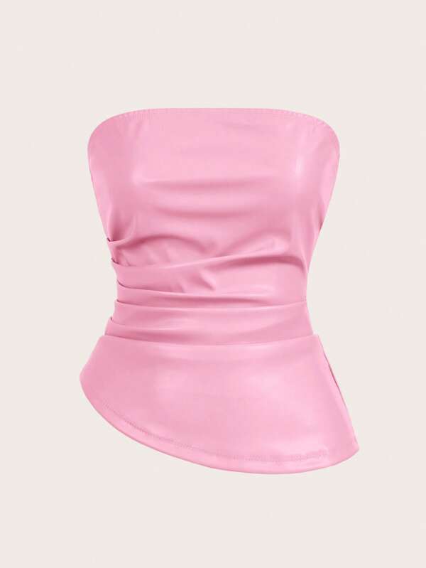 SHEIN Essnce Women's Leather Top Fashionable Ruched Asymmetric Hem Tube Top, Suitable For Going Out And Parties Top